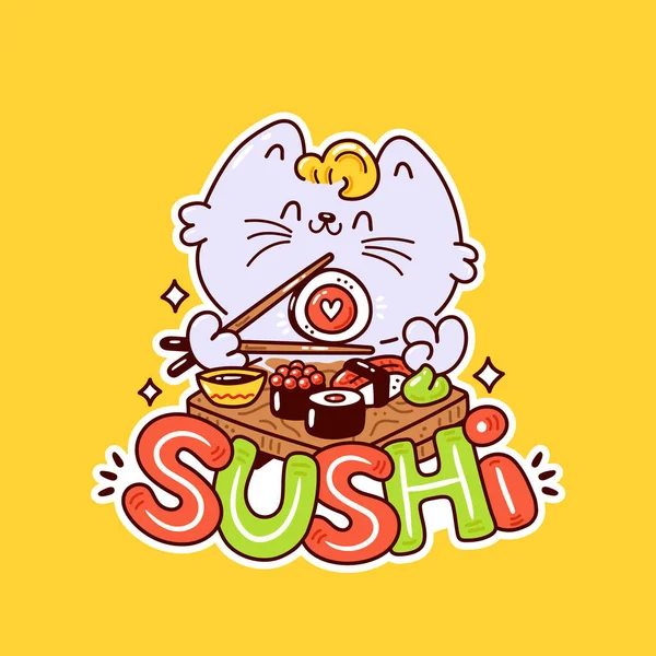 Lindo feliz sonriente gato comer sushi — Archivo Imágenes Vectoriales