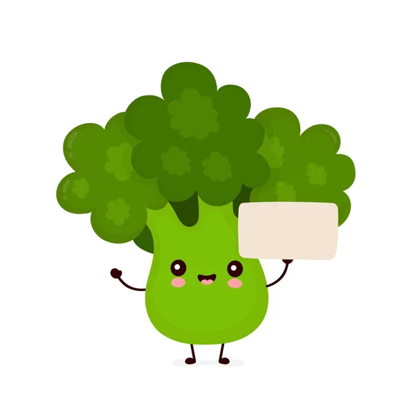 Lindo feliz brócoli sonriente vegetal con signo — Vector de stock