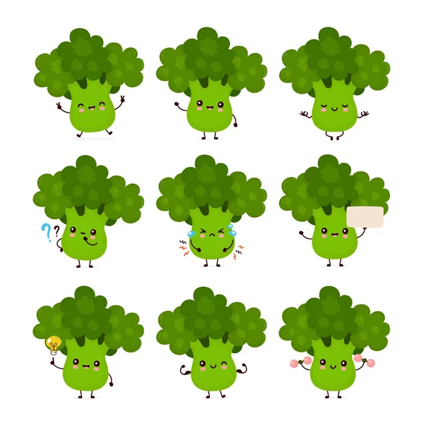 Niedlich lächelnd Brokkoli Gemüse-Set Kollektion — Stockvektor
