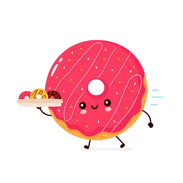 Leuke vrolijke glimlach donut run met levering doos — Stockvector