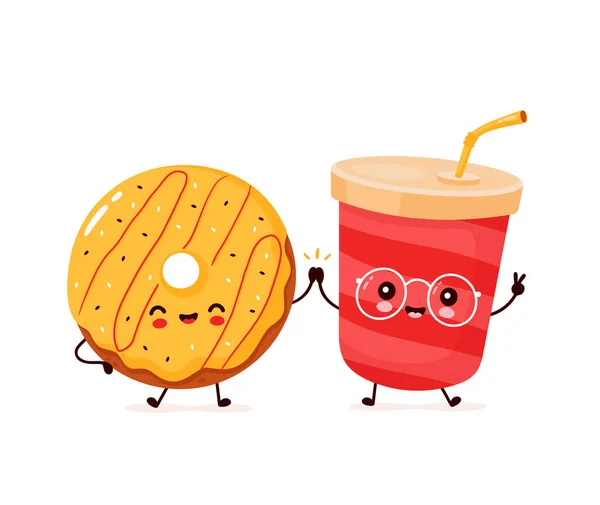 Lindo donut sonriente feliz y agua de soda — Vector de stock