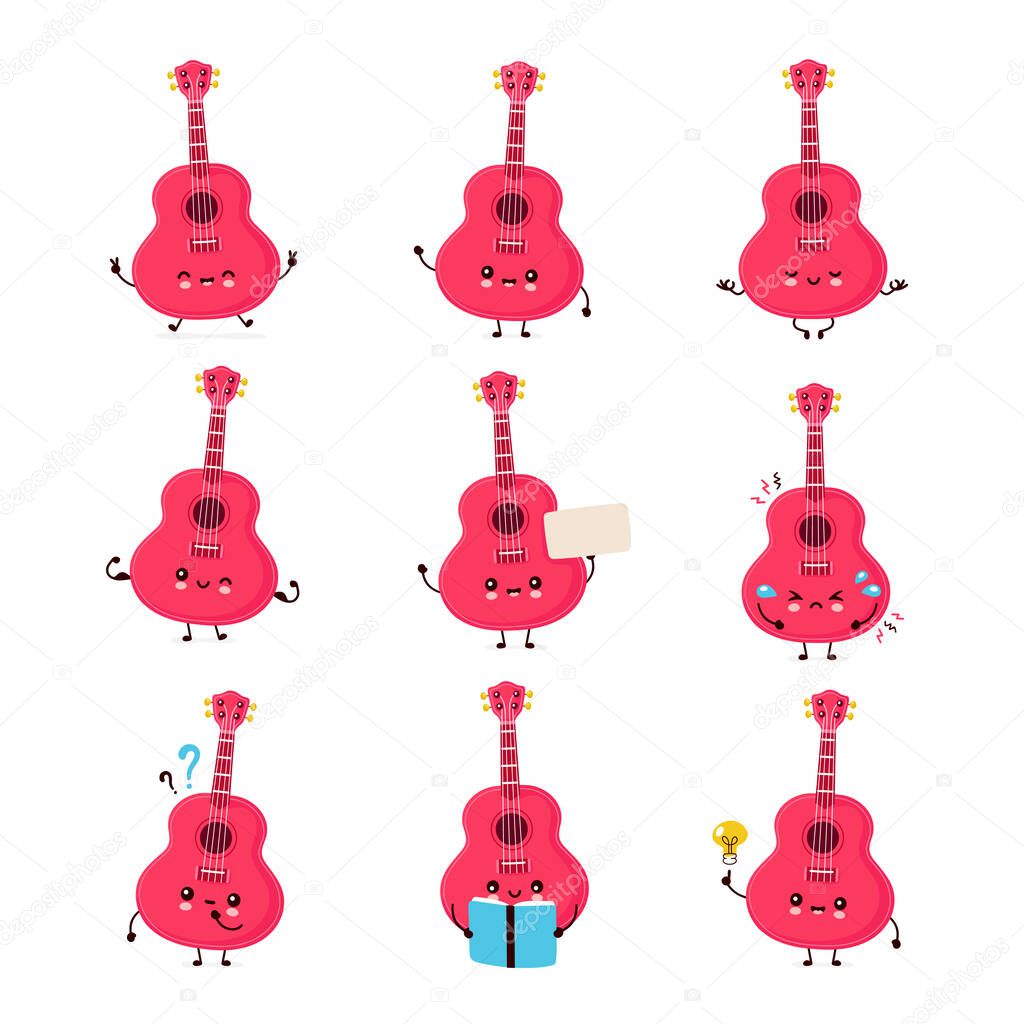 Cute happy smiling ukulele guitar set collection. Vector flat cartoon character illustration icon design.Isolated on white background. Ukulele guitar,music mascot bundle concept