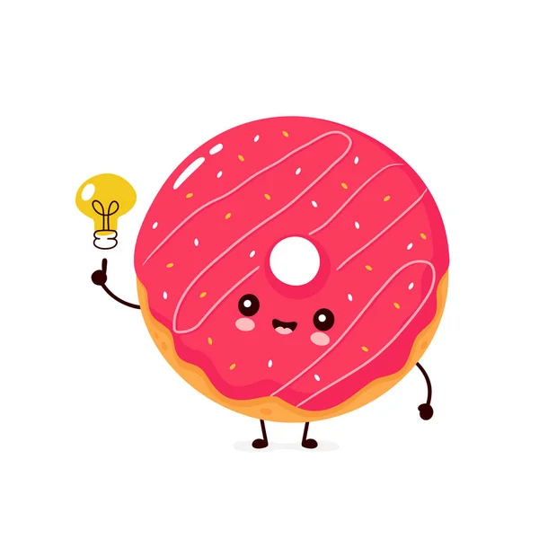 Niedliche glücklich lächelnde Donut mit Glühbirne — Stockvektor