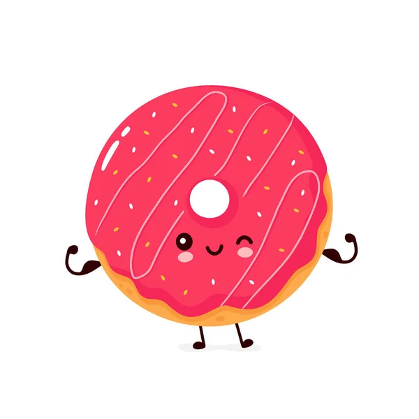 Cute happy smiling donut show muscle — Stock Vector