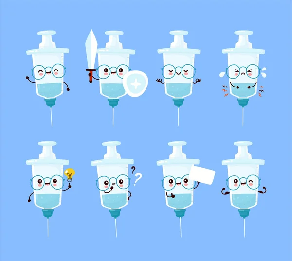 Cute happy smiling syringe set collection — Stock Vector