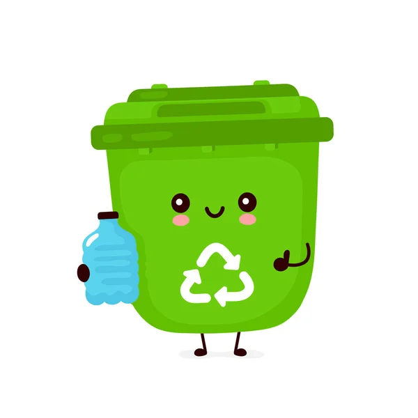 Niedlich glücklich lächelnd Mülleimer mit Plastikflasche — Stockvektor