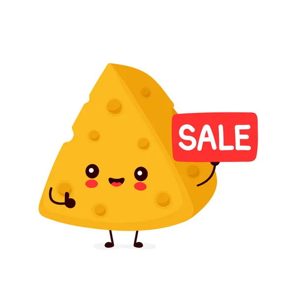 Lindo queso sonriente feliz con signo de venta — Vector de stock