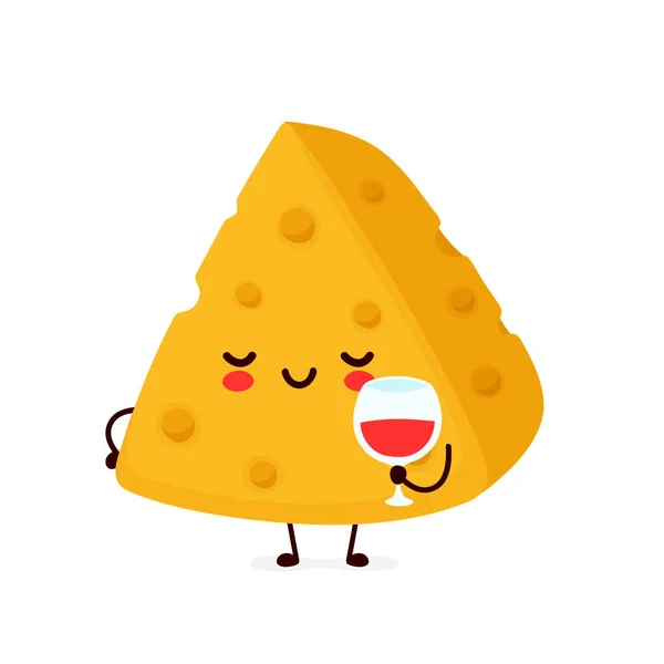 グラスワインとかわいい幸せな笑顔のチーズ — ストックベクタ