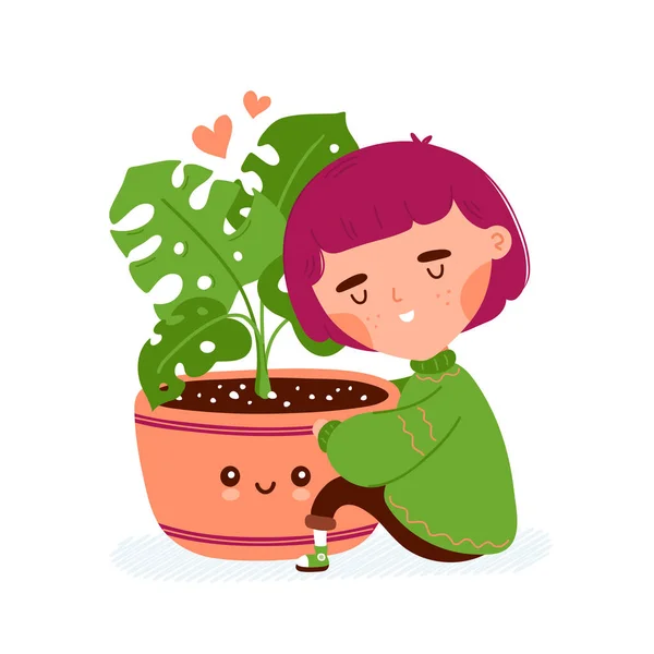 귀여운 미소 소녀가 화분 과 식물을 껴안는 행복 한 소녀 — 스톡 벡터
