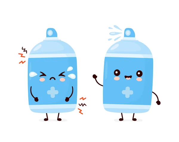 Lindo feliz sonriente y triste botella de spray antiséptico — Vector de stock