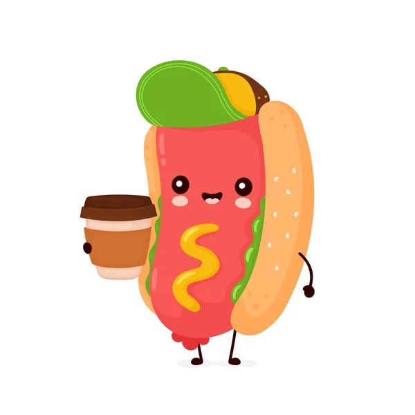 Roztomilý šťastný usměvavý hot dog s šálkem kávy — Stockový vektor