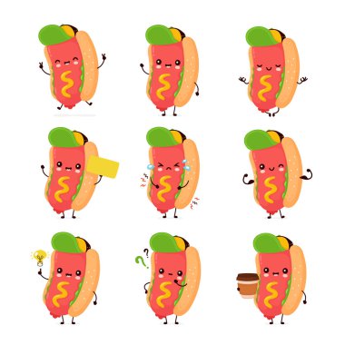 Sevimli, mutlu, gülümseyen sosisli takımı koleksiyonu.