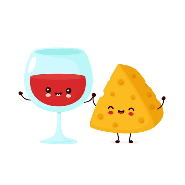 Roztomilé šťastné usměvavé víno sklenice a sýr — Stockový vektor