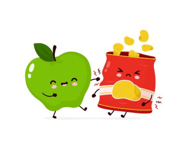 Cute happy smiling apple fight with chips pack clipart