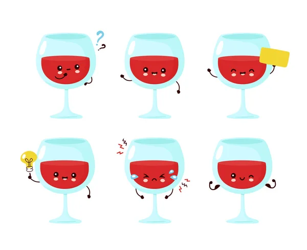 Lindo feliz sonriente colección de vidrio de vino conjunto — Vector de stock