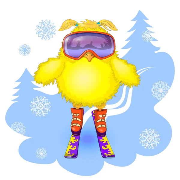 The young hen had learned to ski. — Stock Vector