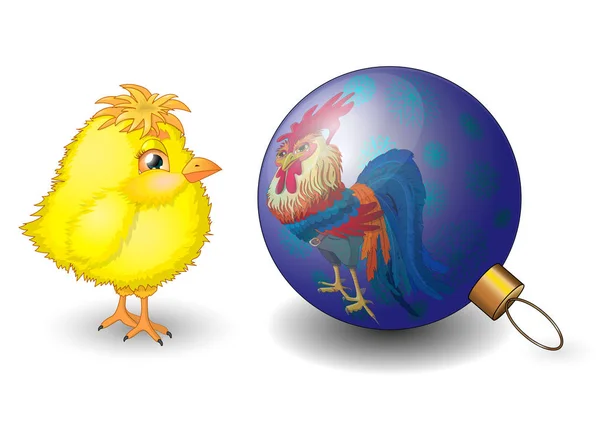 Malé kuře a vánoční koule. — Stockový vektor