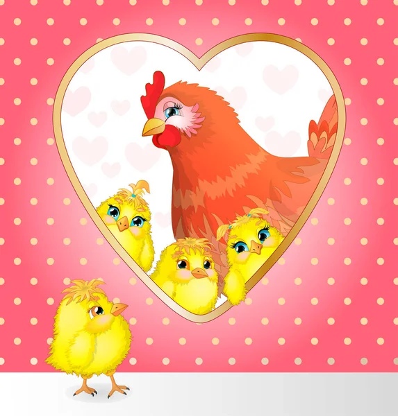 Κότα με τα κοτόπουλα στο φόντο των καρδιές. Εικονογράφηση διάνυσμα. — Διανυσματικό Αρχείο