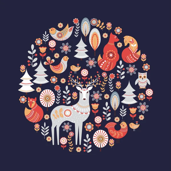 Decorative circular ornament with animals, birds, flowers and trees. — Stock Illustration Decorative circular ornament with animals, birds, flowers and trees. Royalty Free Stock Vectors
