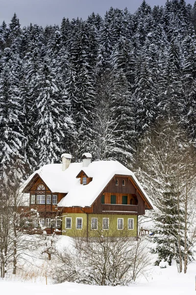 Casa de madeira da montanha na floresta de inverno. Idílio de Inverno . — Fotografia de Stock