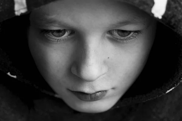 Sad Boy. Teenager with Sad Expression Face Close Up. Depression, Loneliness and Stress Concept.