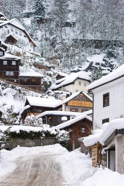 Village Hallstatt Winter Day View, Alpes, Áustria — Fotografia de Stock