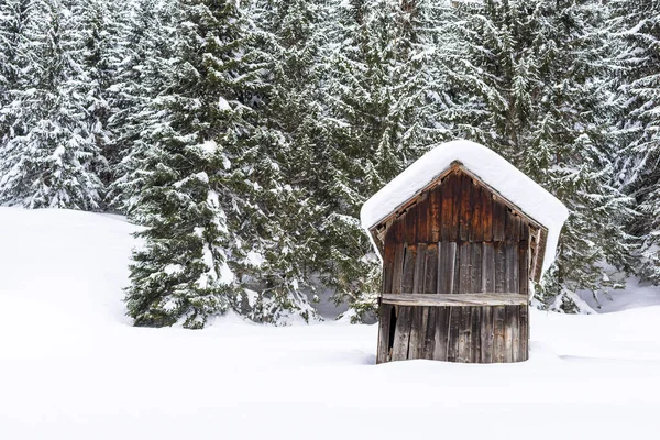 小さな木製の小屋と雪に覆われた木冬山森林景観 — ストック写真