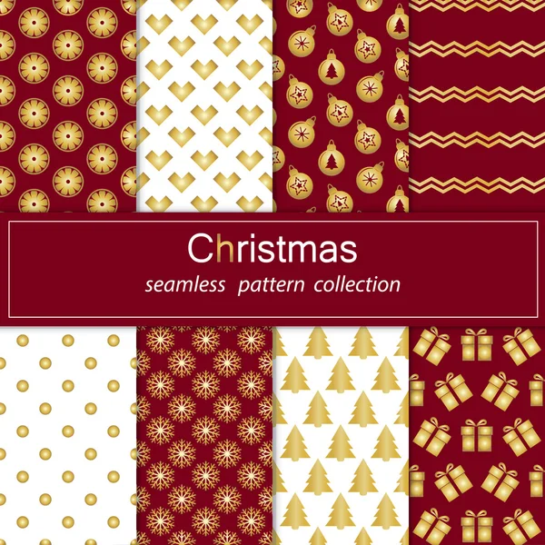 Conjunto de colección de oro de patrones sin costura con flores rojas. Conjunto de fondos sin costura con símbolos tradicionales copo de nieve, pino, estrella y patrones abstractos a juego. Stock vector.Merry Navidad — Archivo Imágenes Vectoriales