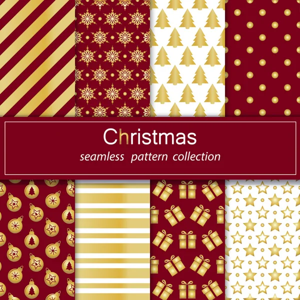 Set Golden collection of seamless patterns with red flowers. Set of seamless backgrounds with traditional symbols snowflake, pine tree,star and matching abstract patterns. Vector.Merry Christmas. — Stock Vector