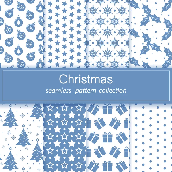 Set van feestelijke achtergronden. Collectie van naadloze patronen. Blauwe. Prettige kerstdagen en gelukkig Nieuwjaar! Textuur om af te drukken, behang, decoratie, winter, achtergrond, als cadeau verpakken. Vector. — Stockvector