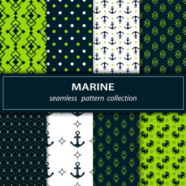 Bir dizi sekiz Resim Sergisi. Sorunsuz kumaş. Deniz tema. Yeşil, mavi, beyaz. Çapa. Bezelye. Daire. Süs. Kanser. Kabuk. İnci. Yıldız. Dalga. Vektör