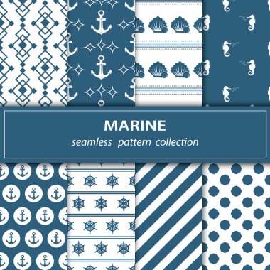 Bir dizi sekiz Resim Sergisi. Sorunsuz kumaş. Deniz tema. Mavi, beyaz renk. Çapa. Bezelye. Daire. Madalyon. Balık. Kabuk. İnci. Tekerlek. Dalga. Vektör.