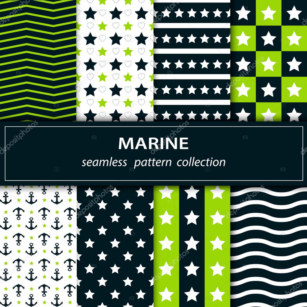 Set.Seamless Christmas pattern in green, blue and white. Great independence Day The 4th of July. A set of American origin. Stars, stripes, zigzags. Vector.