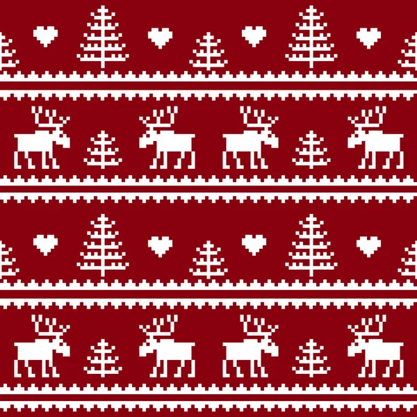 Hisse senedi vektör. Sorunsuz kumaş. Mutlu Noeller ve mutlu yeni yıl. Elk. Ağaç. Piksel. Beyaz ve kırmızı renk. Arka plan, hediye, tasarım, desen, süsleme, arka plan website.ornament — Stok Vektör