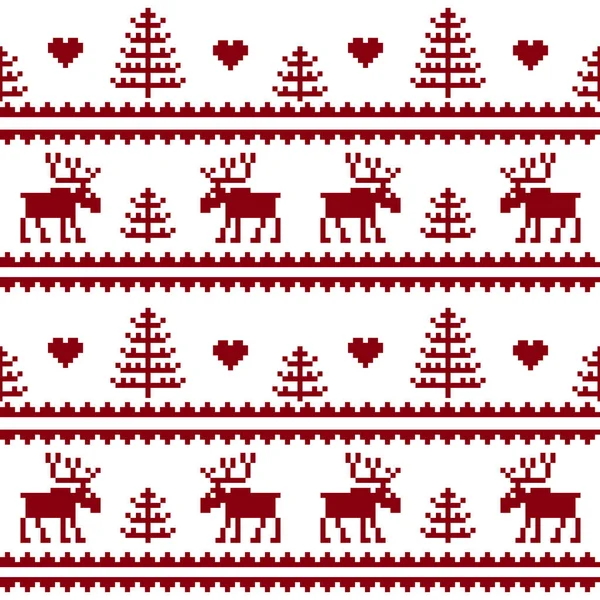 Hisse senedi vektör. Sorunsuz kumaş. Mutlu Noeller ve mutlu yeni yıl. Elk. Ağaç. Piksel. Beyaz ve kırmızı renk. Arka plan, hediye, tasarım, desen, süsleme, arka plan Web sitesi. — Stok Vektör