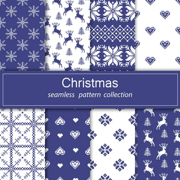 Set van naadloze weefsel. Acht doeken. Ornament.The de gelegenheid. Prettige kerstdagen en gelukkig Nieuwjaar. Pixels. Witte en blauwe kleur. Geschenkverpakking, patroon, sieraad, achtergrond website. Voorraad vector. — Stockvector