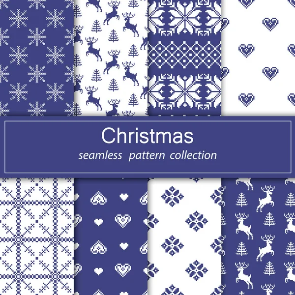 Set aus nahtlosem Stoff. Acht Leinwände. ornament.the Gelegenheit. Frohe Weihnachten und ein gutes neues Jahr. Pixel. weiß und blau color.gift Verpackung, Muster, Ornament, Hintergrund-Website. Aktienvektor. — Stockvektor