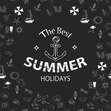 El vintage etiketleri çapa ve yazıt ile çekilmiş. Zarif tasarım. Beyaz ve mavi renkli vektör çizim.