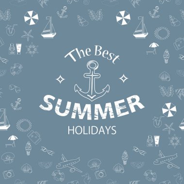 El vintage etiketleri çapa ve yazıt ile çekilmiş. Zarif tasarım. Beyaz ve mavi renkli vektör çizim.