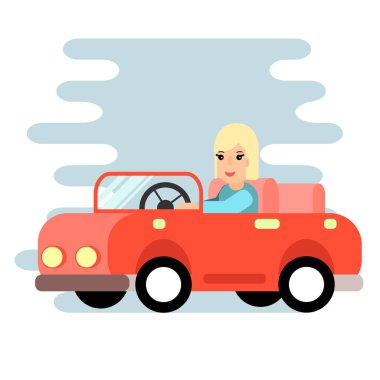 Direksiyonun arkasında kadın. Kırmızı araba, düz tasarım. hisse senedi vektör.