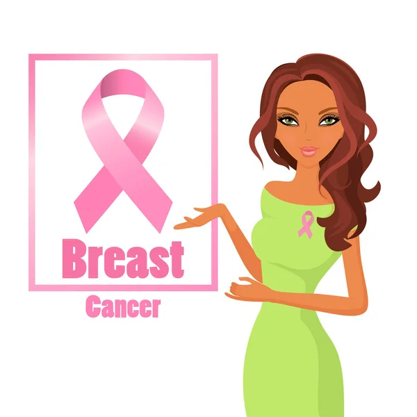 Hermosa mujer con cintas de color rosa para crear conciencia sobre el cáncer de mama. Pelo oscuro. vector de stock . — Vector de stock