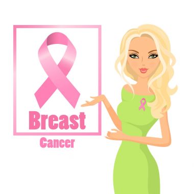 Meme kanseri bilincini artırmak için pembe kurdeleler giyen güzel bir kadın. Sarı saçlı. Hisse senedi vektör.