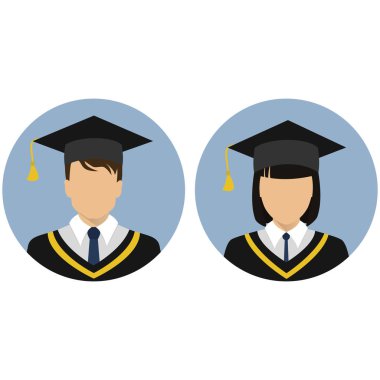 Simgeler kümesi. Öğrenci. Mezunu. Avatar. Altın bir şerit. Bir erkek ve bir kadın. Madalyon. Hisse senedi vektör.