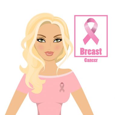 Meme kanseri bilincini artırmak için pembe kurdeleler giyen güzel bir kadın. Beyaz saçlı kız. Hisse senedi vektör. Beyaz saçlı kız