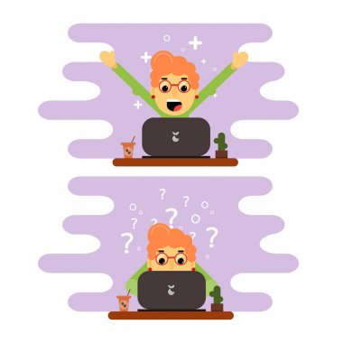 Kız serbest meslek sahibi bir bilgisayarda çalışıyor. Tasarım düz. Hisse senedi vektör.