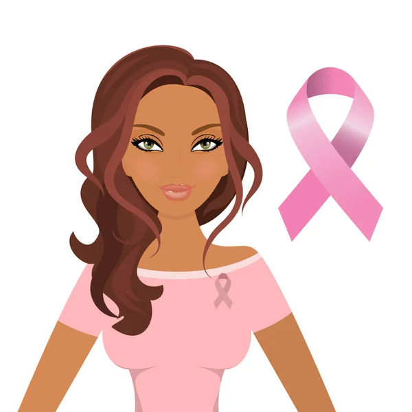 Beautiful woman wearing pink ribbons to promote awareness of breast cancer. Stock vector. — Stock Vector