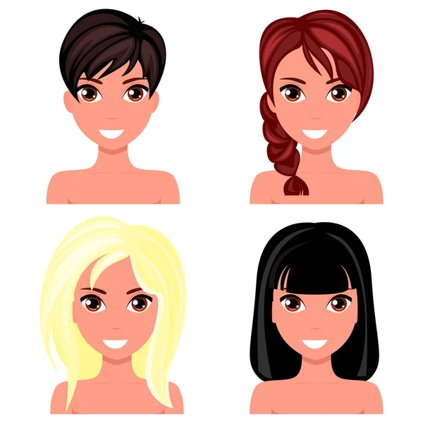 Woman beautiful face with different hairstyles. Cartoon beautiful girl in flat design style. Avatar. Vector illustration — Stock Vector