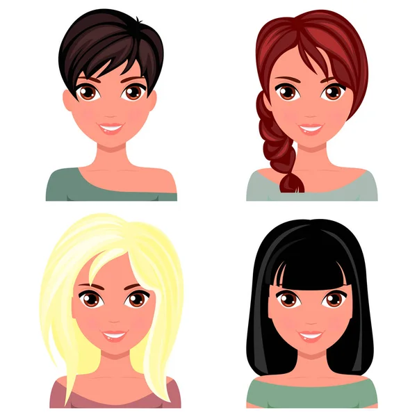 Mujer hermosa cara con diferentes peinados. Dibujos animados hermosa chica en estilo de diseño plano. Mujer de negocios Avatar. Vector . — Archivo Imágenes Vectoriales