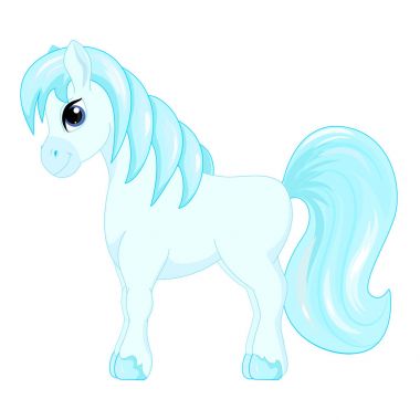 Sevimli küçük mavi at mavi saç çizgi film, simge vektör çizim süslemeleri .