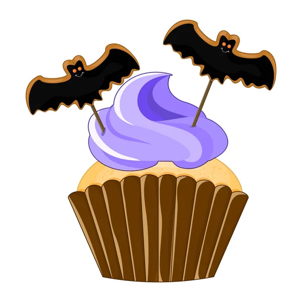 Vektor ilustrasi halloween ungu cupcake pada latar belakang putih. Happy halloween sweets menakutkan 1.2 - Stok Vektor